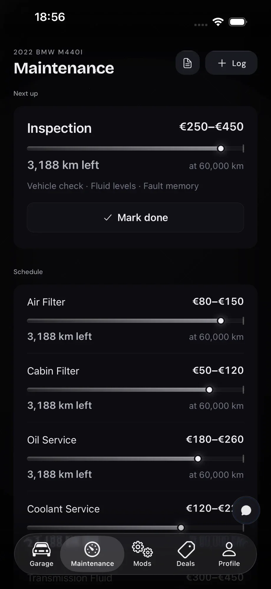 Maintenance schedule screen